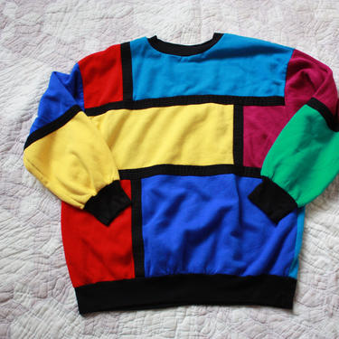 80s 90s Color Block Sweatshirt Crew Neck Neon Size L / XL 