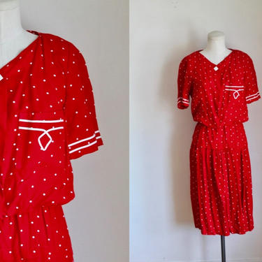 Vintage 1980s Red &amp; White Polka Dotted Day Dress / S/M 