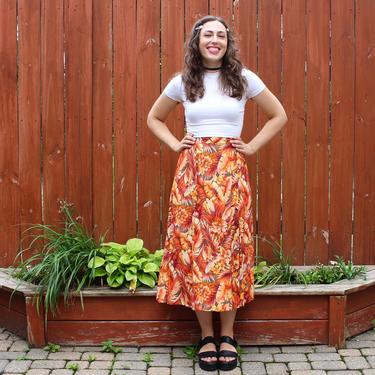 Vintage 2000s Y2K Tropical Floral Print Skirt - Orange High-Waisted Summer Midi Skirt - M/L 
