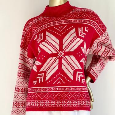 1980's Acrylic Ski Sweater Fits S - L Red with Snowflake 