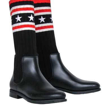 Givenchy - Black Rubber & Ribbed Sock-Style Boots w/ Stars & Stripes Print Sz 8