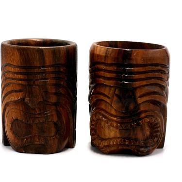 vintage Tiki mugs carved wood set of two 