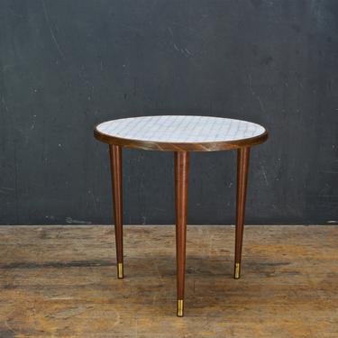 Mid-Century Round Tripod Peg Leg Petite Side Table Walnut Marble Tile Cabinmodern Retro Rustic Plant Stand Martz Danish Style 
