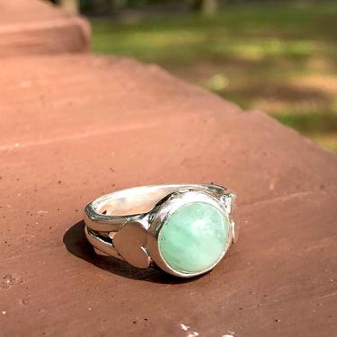 Chunky Silver Ring with Emerald and Hearts on the Side 