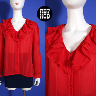 Sweet Vintage 70s 80s Red Button Down Blouse with Ruffles 