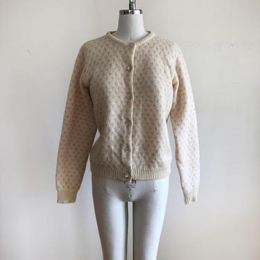 Cream and Light Pink Dot Wool Cardigan Sweater - 1980s 