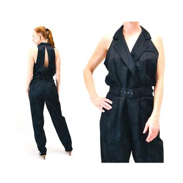 80s 90s Vintage Black Jumpsuit Large Cut out Floral Jacquard Sleeveless Jumpsuit Medium Large Long // 80s 90s Black Jumpsuit Large TALL 