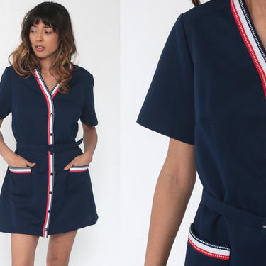 Mod Mini Dress 70s Shift Button Up Shirtdress 60s Space Age Short Sleeve Navy Blue Red Belted Vintage Twiggy Gogo Scooter Retro Large 12 