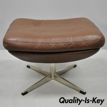 Mid Century Modern Brown Leather Swivel Ottoman Footstool Chrome Base Attr Selig