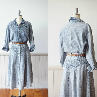1980s Acid Washed Denim Dress Set | Westernwear Inspired Skirt and Shirt | M 