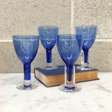 Vintage Wine Glasses Set Retro 1980s Handblown Glass + Clear + Cobalt Blue + Stemmed + Set of 4 + Goblets + Barware + Home and Bar Decor 