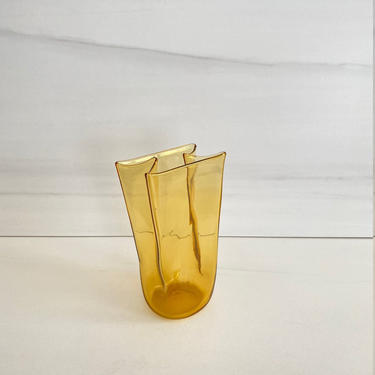 Vintage Modern BLENKO 8 3/8&amp;quot; Tall Amber Art Glass Paper Bag Vase Modernist Post Modern Design 