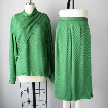 1980s Suit Green Skirt Blouse L 