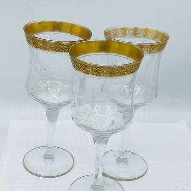 Vintage Set of 3 Tiffin Rambler Rose Optic Wine Stem Gold Trim 