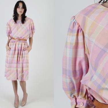 80s Rainbow Plaid Dress With Pockets / Light Pastel Color Summer Dress / Colorful Checkered Preppy Dress / Casual Bright Summertime Dress 