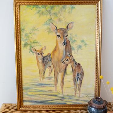 1936 E Marsh After Murray Pastel Oil Painting of three deers 1 doe and 2 fawns 