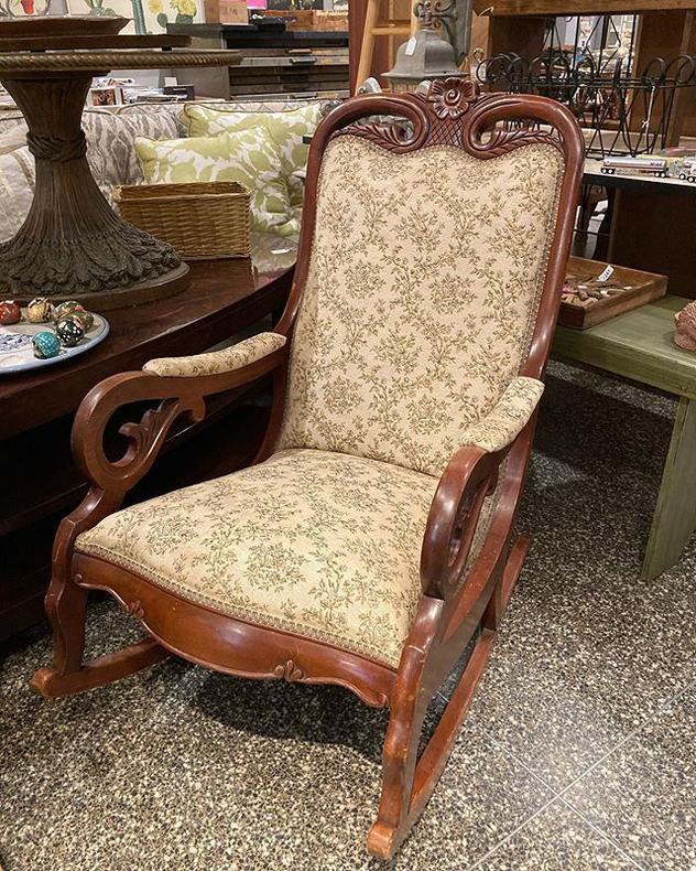 Granny chic rocker. Chair is 23 “ wide 34” deep, 38.5 “ tall. Seat is 21” deep, 19.5” wide and 18” tall. 