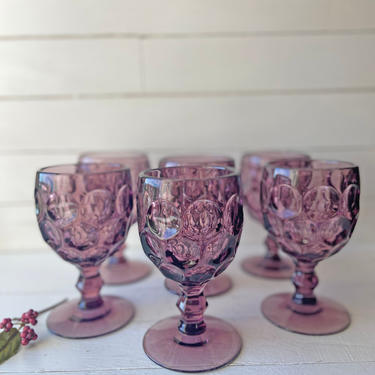 Vintage Imperial Glass Provincial Amethyst Thumbprint Goblets, Set of 6 | Purple Wine Glasses, Purple Gothic Goblets, Purple Barware 