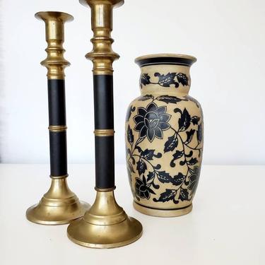 Vintage Brass & Black Traditional Candlestick Holders 