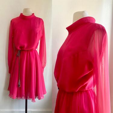 Vintage 70s HOT PINK CHIFFON Party Dress / Sheer Bishop Sleeve / Coco California 