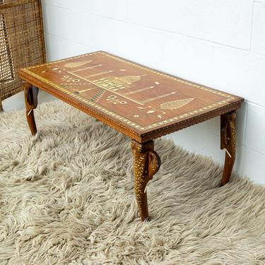 Gorgeous Hand-Carved Hexagon Vintage Bohemian Solid Wood Coffee Table with White Shell Inlay Inlay 
