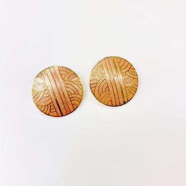 Vintage 80's Peach Gold Round Cloisonne Art Deco Inspired Post Earrings 