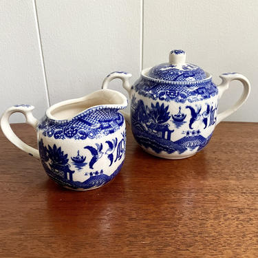 Vintage Blue and White Blue Willow Style Sugar &amp; Creamer Set, Made in Japan, Kissing Birds 