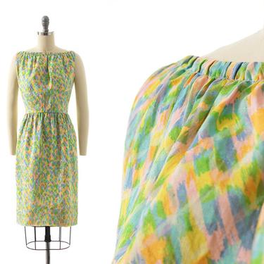 Vintage 1960s Wiggle Dress | 60s Silk Pastel Printed Button Back Sheath Dress (x-small) 