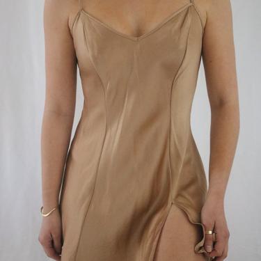 Vintage Silk Victoria’s Secret Slip Dress - Golden Honey Tan Slip Dress - Above the Knee - Side Slit - Open V Back - Small 