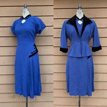 1940s Blue Wool Crepe + Black Velvet Dress Jacket Set (As-Is) 