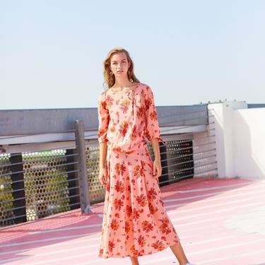 70s Pink Floral Drop Waist Long Dress Vintage Prairie Country Maxi Dress 