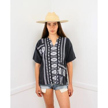 Baja Blouse // vintage embroidered dress top shirt boho hippie woven tunic cotton black Mexican Guatemalan 70s // S/M 