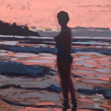Woman in Ocean  |  Original Acrylic Painting on Canvas 14 x 14  | sunset, waves, swimsuit, sea, bay, orange, sky, girl, fine art 