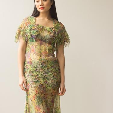 1930s Floral Silk Chiffon Gown with Scalloped Ruffles 
