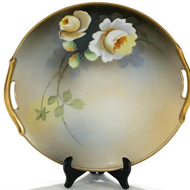 Vintage Meito Cake Serving Platter Plate Bone China Hand Painted in Japan w Yellow Roses 