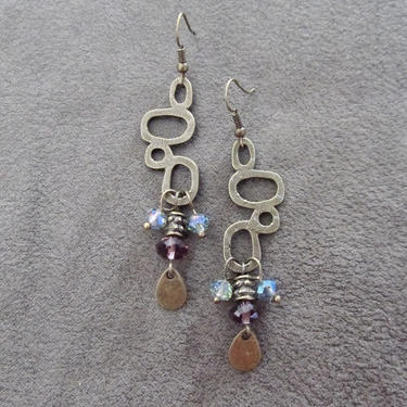Long crystal earrings, boho earrings, bohemian gypsy earrings, etched brass earrings, statement earrings, bold earrings, bling earrings 2 