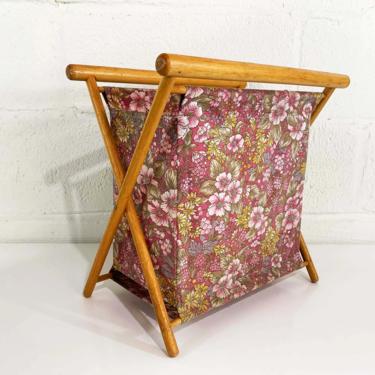 Vintage Knitting Basket Pink Fabric Sewing Bag 1950s 1960s Crocheting Rack Magazine Kit Box Tapestry Folding MCM Mid-Century Modern Azar 