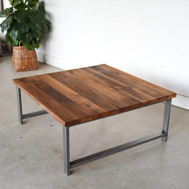 Square Reclaimed Wood Coffee Table / Industrial H-Shaped Steel Legs 