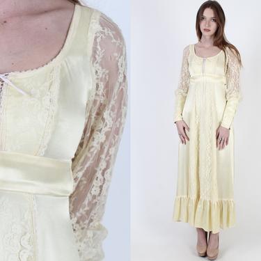 Vintage 70s Gunne Sax Dress Cream Satin Sheer Floral Lace Corset Saloon Wedding Maxi Dress 