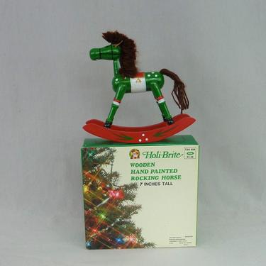 Vintage Christmas Wooden Hand Painted Rocking Horse with Original Box - Green Red - Yarn Mane and Tail - Christmas Decor - 7" tall 