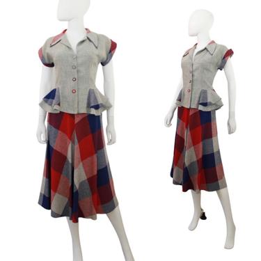 Late 1940s Wool Plaid Skirt Set - 1940s Wool Skirt - 1940s Plaid Skirt - 1940s Peplum Blouse - 50s Skirt Set - 50s Plaid Skirt | Size Small 