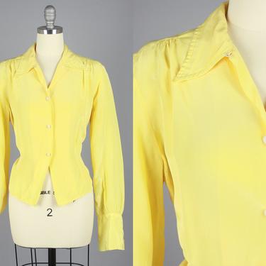 1940s Yellow Blouse with French Cuffs | Vintage 40s Button Up Shirt | Medium 