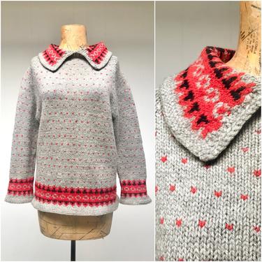 Vintage 1950s Hand-Knit Nordic Sweater, Gray Wool Pullover, Medium 40&amp;quot; Bust 