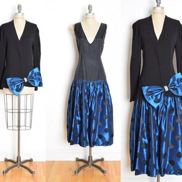 vintage 80s dress tunic set black blue polka dot taffeta bow sweater top shirt matched set outfit L large clothing 