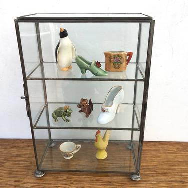 Vintage Glass Curio Cabinet, Smalls Display, Mid Century Modern Glass Silver Tone Miniatures Display Case For Figurines 