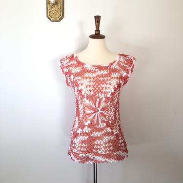 Red and White Hand Crocheted Tunic Top