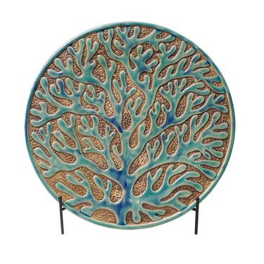 Green Coral Pattern Design Porcelain Handmade Round Plate On Stand Home Decor n254E 