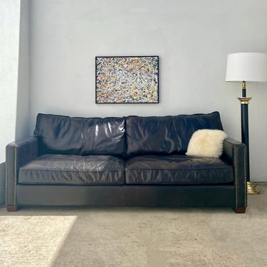 Black Leather Sofa with Nailhead Trim