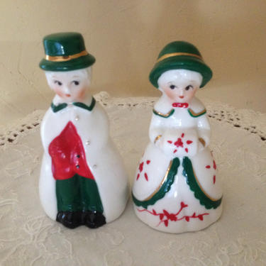 Vintage  Country Carolers People Bell Figurine of Girl and Boy Red and Green- Christmas Bells 