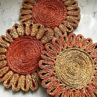 3 Set of Vintage 1970's 2 Color Orange and Beige Straw Woven Trivets or Pot Holders- Round Square by LeChalet